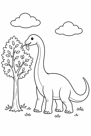 A friendly long-neck dinosaur stretching toward the leaves of a tree beneath two clouds.