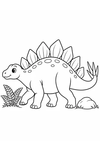 A smiling stegosaurus with large plates along its back, walking beside a fern and rock.