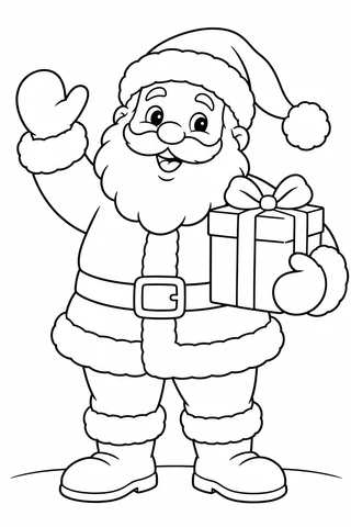 A smiling Santa waving a mitten and holding a wrapped gift, with large open spaces to color.
