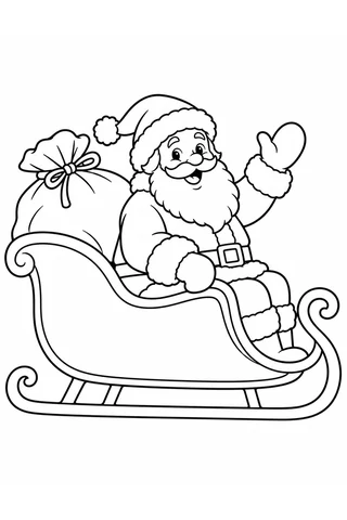 Santa waving from a curved sleigh with a large sack of gifts behind him.