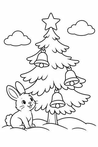 A decorated Christmas tree in the snow with bell ornaments and a small rabbit beside it.