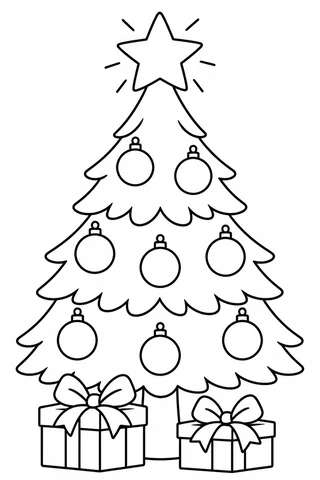 Christmas tree coloring page with star and presents