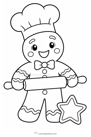 A gingerbread person wearing a chef hat holding a rolling pin beside one star cookie.