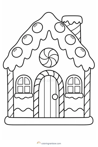 A gingerbread house with a candy-cane door and large round candies on the roof.