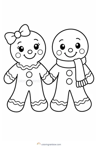 Two gingerbread cookies holding hands, one wearing a bow and one wearing a scarf.