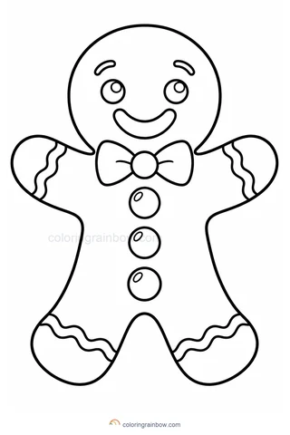 A smiling gingerbread cookie with round buttons, wavy icing cuffs and a large bow tie.
