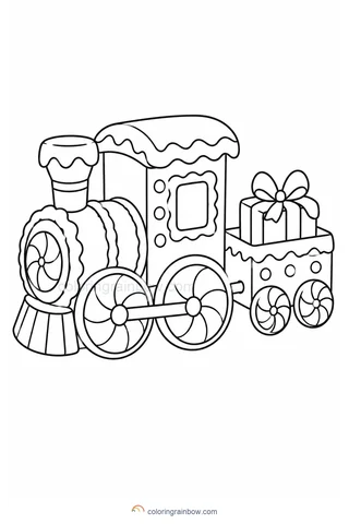 A gingerbread toy train engine with two candy wheels and one small carriage.