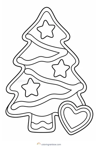 A gingerbread Christmas tree cookie decorated with broad icing stripes and three stars.
