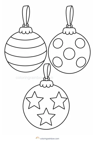 Three large hanging round Christmas ornaments decorated with broad stripes, polka dots and stars.