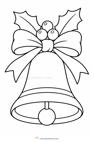 A large Christmas bell with a broad bow and two holly leaves.
