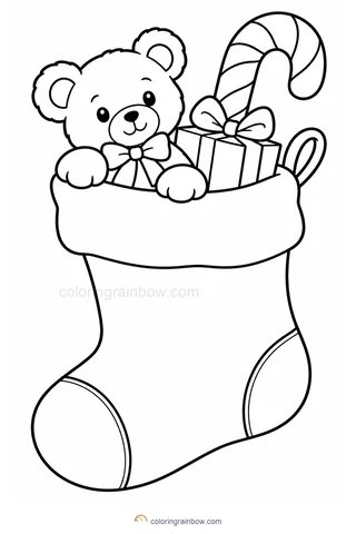 A Christmas stocking holding a teddy bear, a candy cane and a small gift.