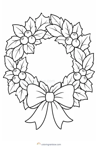 A round Christmas wreath with broad leaves, four round berries and a large bow.