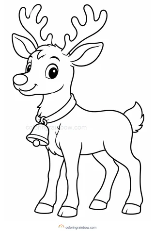 A friendly reindeer standing with a large bell on a ribbon around its neck.