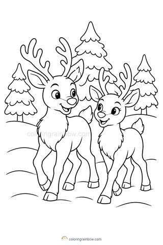 Two reindeer walking between three simple snow-covered pine trees.