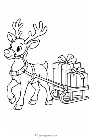 A reindeer pulling a small wooden sled carrying two wrapped presents.