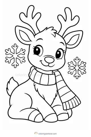 A little reindeer wearing a broad striped scarf beside two large snowflakes.