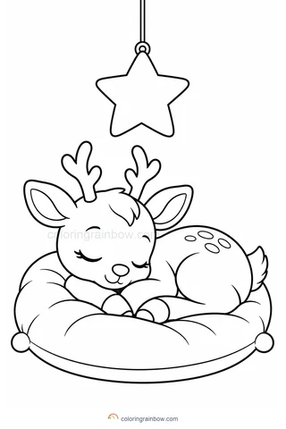 A baby reindeer curled up on a large cushion beneath a hanging star.