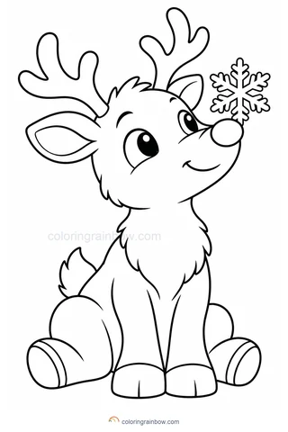 A smiling reindeer looking up at a single large snowflake on its nose.