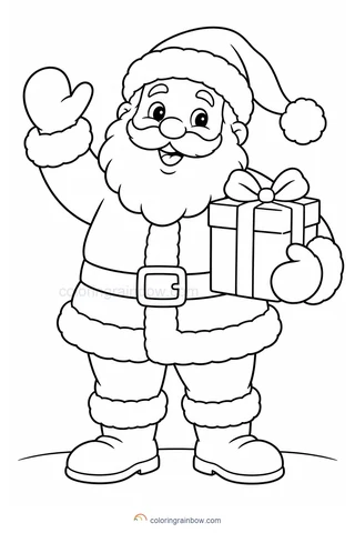 A smiling Santa waving a mitten and holding a wrapped gift, with large open spaces to color.