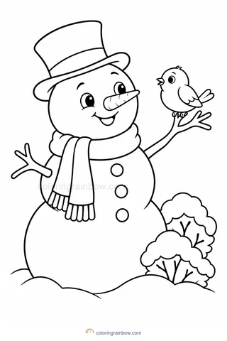 A snowman holding out one twig arm for a small round bird beside a snow-covered bush.