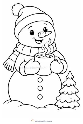A snowman with mittens holding a big mug of cocoa beside a tiny evergreen.
