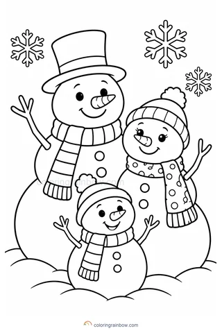 Three snowmen of different heights wearing simple hats and scarves.