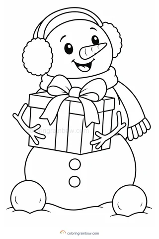 A snowman holding a large wrapped gift with a bow beside two snowballs.