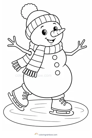 A cheerful snowman wearing ice skates gliding on a small oval frozen pond.