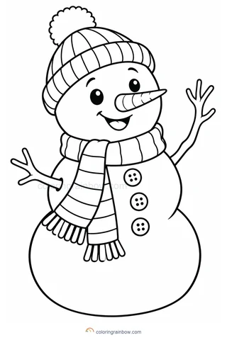 A smiling snowman with a knitted hat, a striped scarf and two twig arms waving.