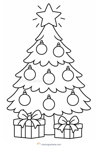 A Christmas tree with a five-point star, round ornaments and two wrapped presents.
