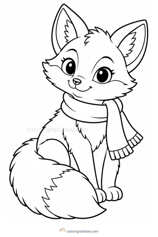 A little fox sitting with a large fluffy tail wrapped around its feet and a winter scarf.
