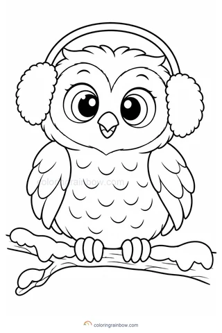 A round owl wearing earmuffs sitting on a short snow-covered branch.