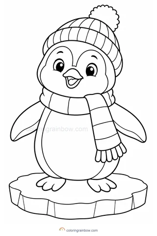 A friendly penguin wearing a knitted bobble hat and broad scarf on a small ice floe.