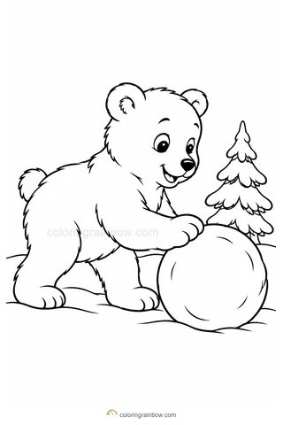 A smiling polar bear cub rolling a large snowball beside one small pine tree.