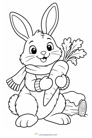 A rabbit wearing mittens holding a carrot beside a small snow-covered log.