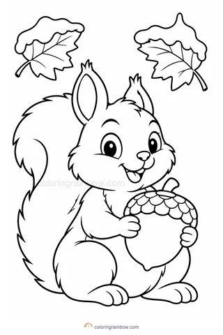 A squirrel with a large curled tail holding a big acorn under two snowy leaves.