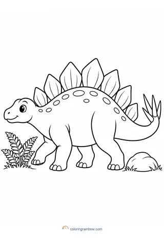 A smiling stegosaurus with large plates along its back, walking beside a fern and rock.