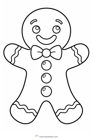 A smiling gingerbread cookie with round buttons, wavy icing cuffs and a large bow tie.