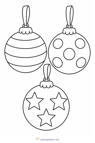 Three large hanging round Christmas ornaments decorated with broad stripes, polka dots and stars.