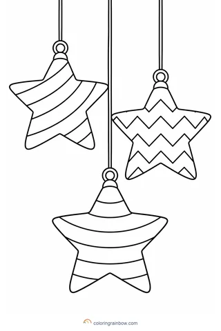 Three large hanging star ornaments with simple stripes, circles and zigzags.