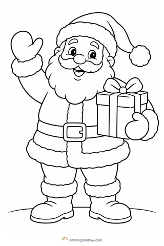 A smiling Santa waving a mitten and holding a wrapped gift, with large open spaces to color.