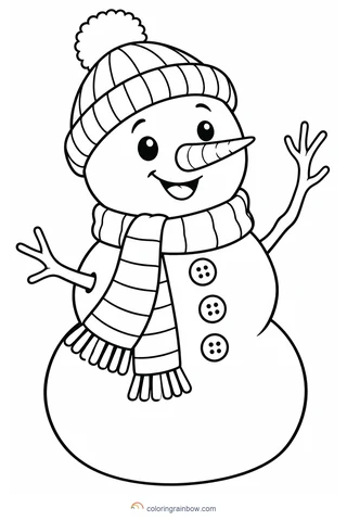 A smiling snowman with a knitted hat, a striped scarf and two twig arms waving.