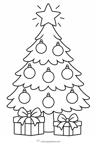 Christmas tree coloring page with star and presents
