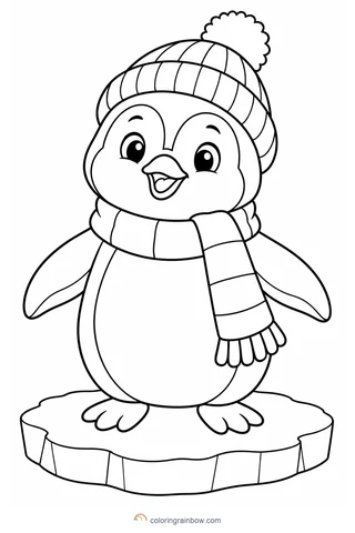 A friendly penguin wearing a knitted bobble hat and broad scarf on a small ice floe.